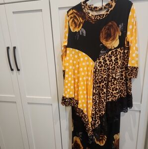 Floral and Leopard Print Dress with Polka Dots